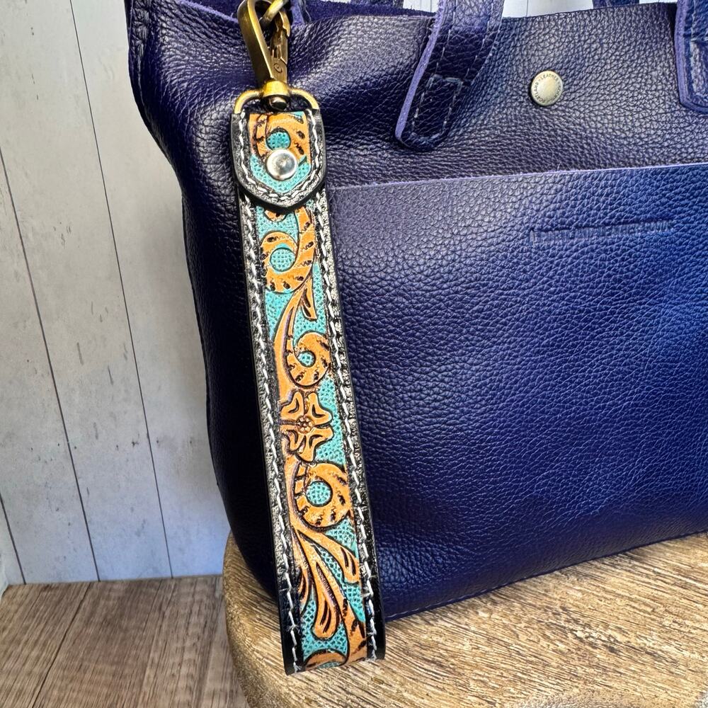 Genuine Leather Strap Tooled Leather Western Keychain Turquoise Wristlet Strap